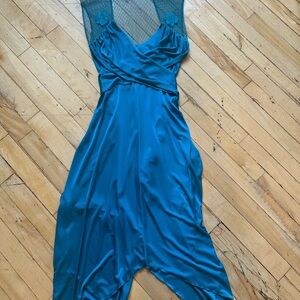 Vintage Teal Sleeveless Mesh Yoke Midi Dress